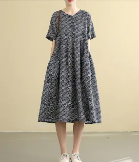 Gray Short Sleeve Summer Cotton Linen Spring Women loose Dresses DZA05091