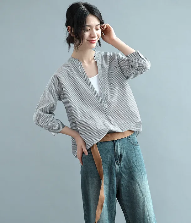 Gray Women Casual Blouse Cotton Linen Shirts Loose Blouse Plus Size Women Tops QZ2005052