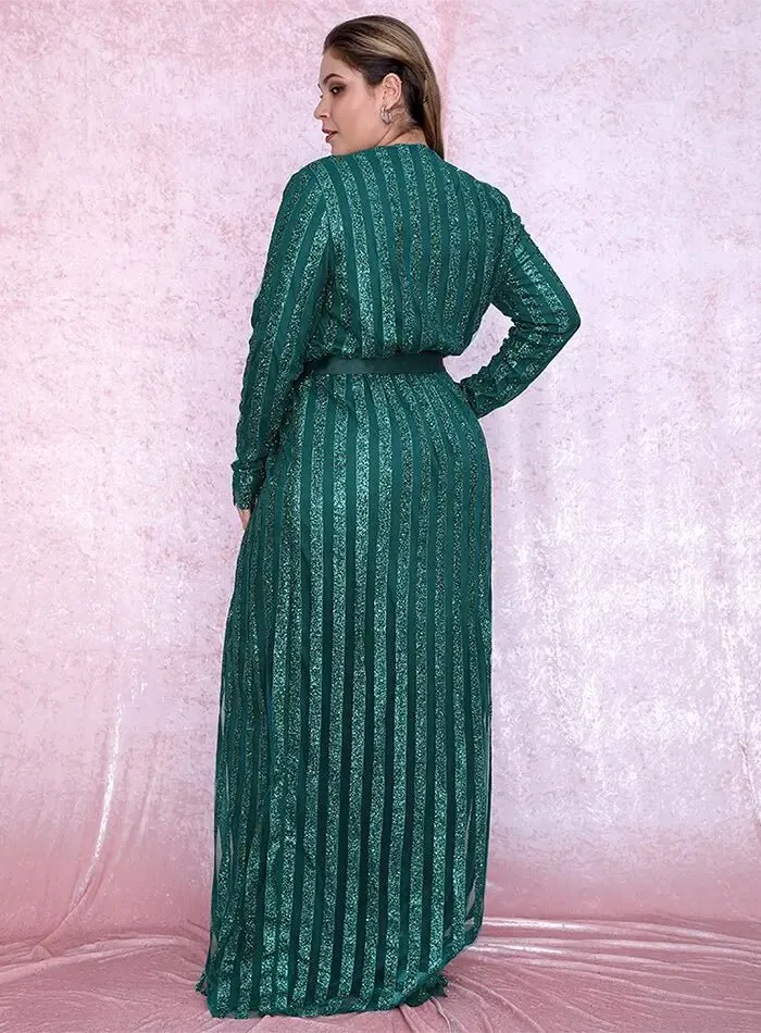 Green Deep V-neck Stripes Glitter Glued Cross Maxi Dress