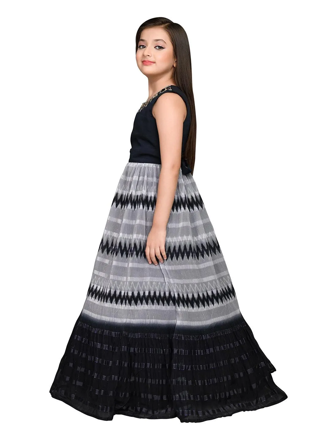 Grey Coloured Ethnic Gown Maxi Dress Chinon Fabric Gown For Girls