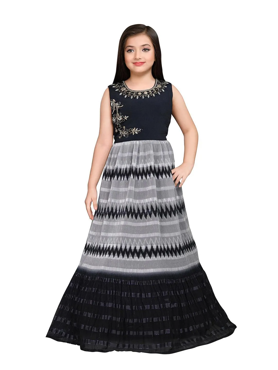 Grey Coloured Ethnic Gown Maxi Dress Chinon Fabric Gown For Girls