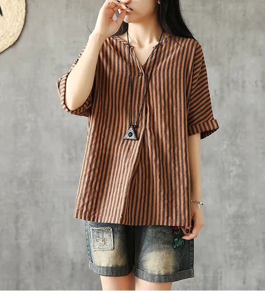 Half Sleeve Summer Women Casual Top Blouses Tops Cotton Linen Shirts  DZA2005247