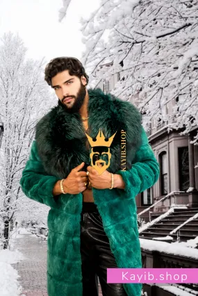 Handmade Luxury Winter Men's Rex Rabbit Fur Coat with Super Large Raccoon Collar - Premium Fashion coat