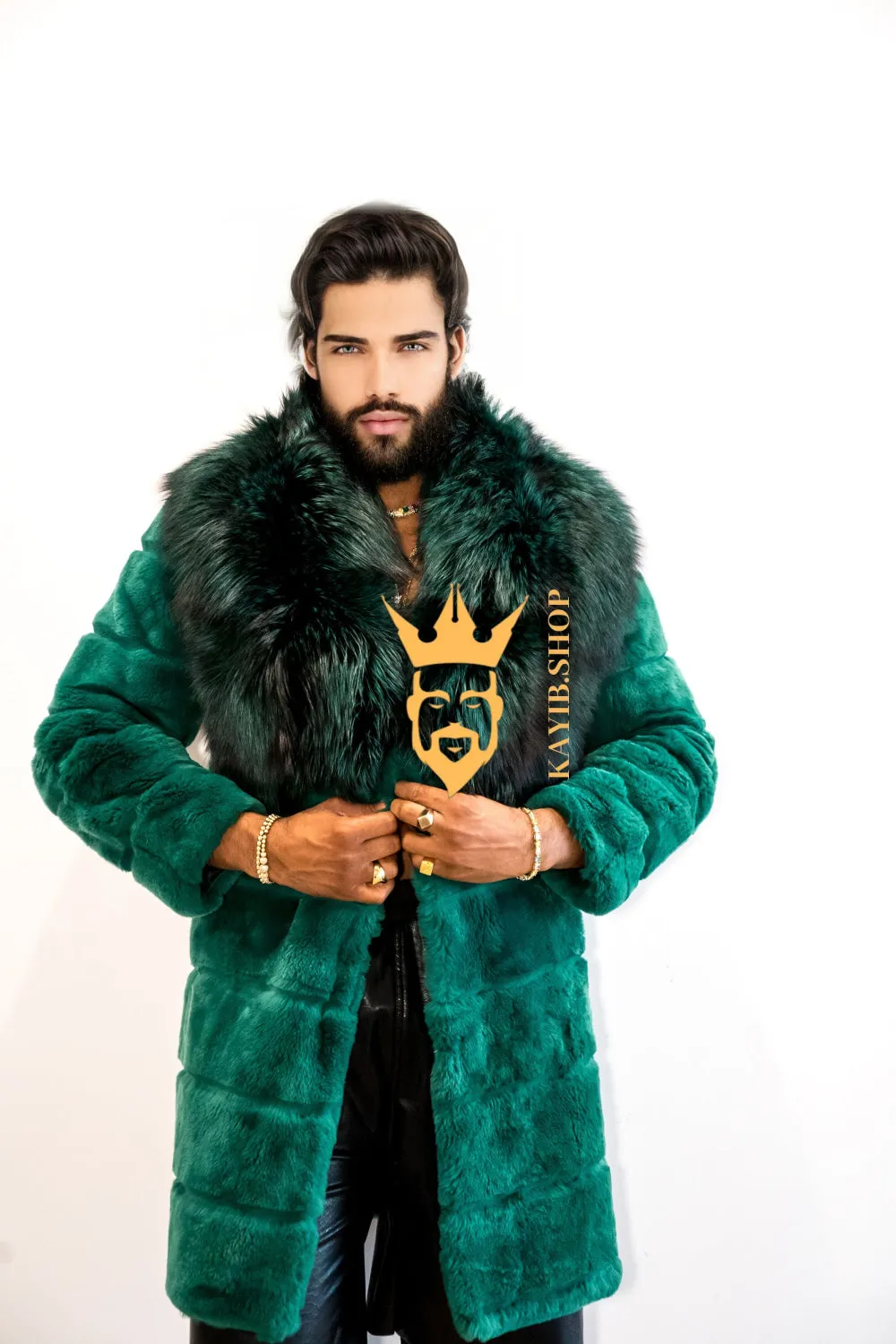 Handmade Luxury Winter Men's Rex Rabbit Fur Coat with Super Large Raccoon Collar - Premium Fashion coat