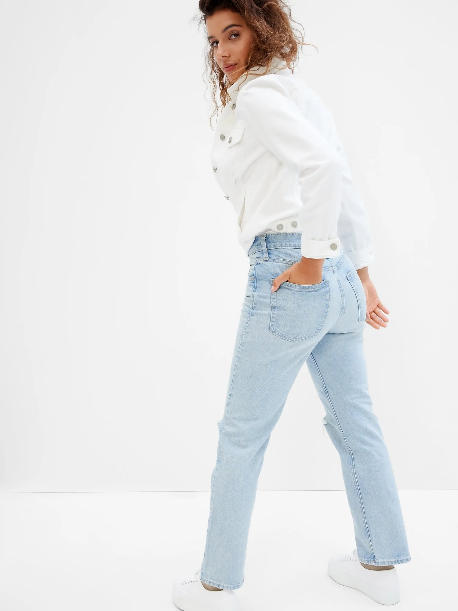 High Rise Destructed Straight Jeans with Washwell