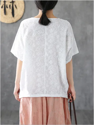 Hollow embroidery Women Casual Blouse Cotton Shirts Tops DZA2007144