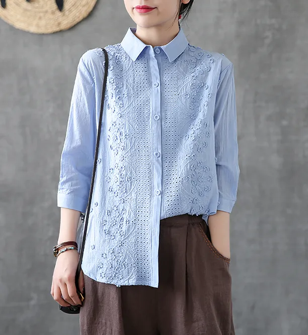 Hollow out Embroidery Length Sleeve Summer Women Casual Blouse Cotton Shirts Tops DZA2006131