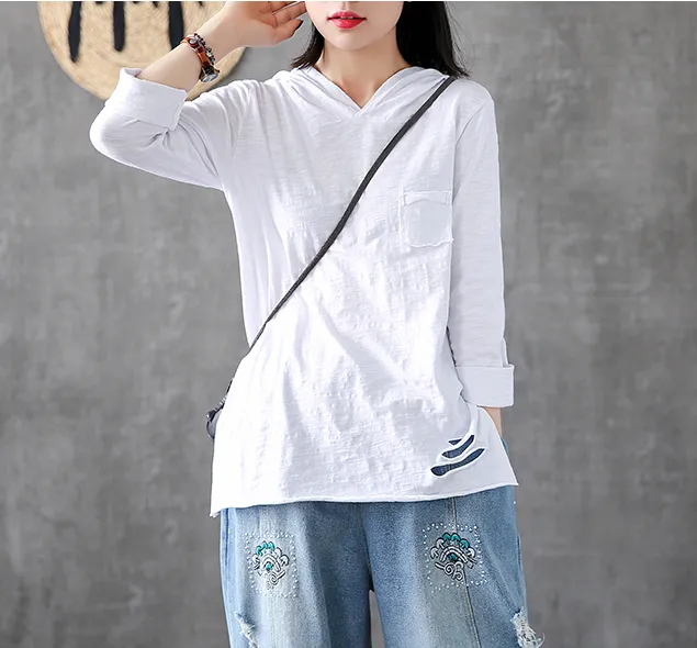 Hooded Length Sleeve Summer Women Casual Blouse Cotton Linen Shirts  Women Tops DZA2005314