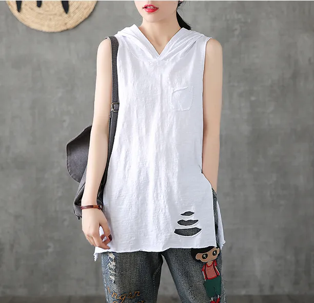 Hooded Summer Women Casual Blouse Cotton Linen Shirts  Women Tops DZA2005313