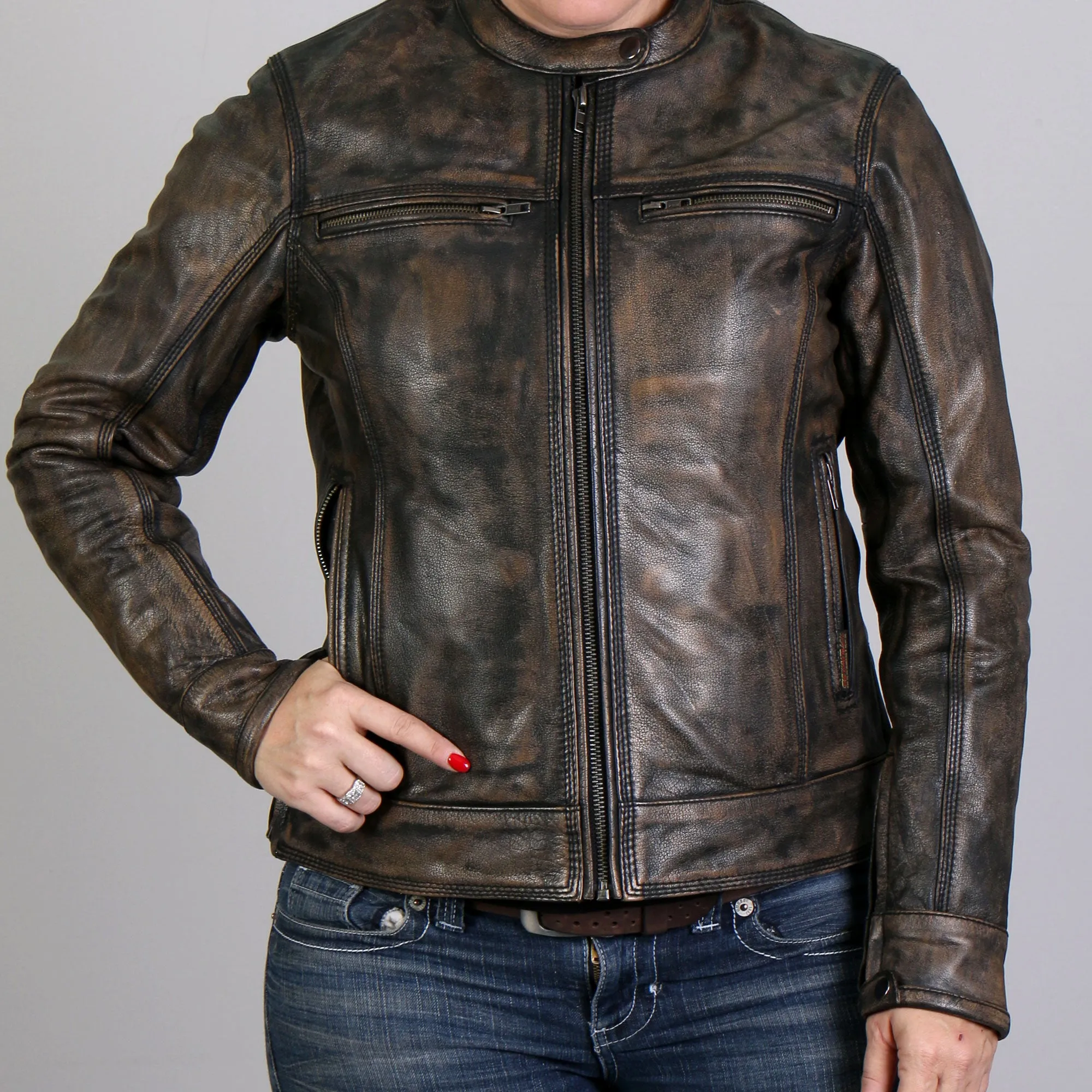 Hot Leathers JKL1024 Ladies Distressed Brown Motorcycle Leather Biker Jacket with  Concealed carry Pockets