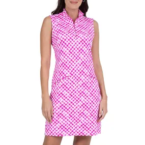 IBKUL Gingham Check Sleeveless Zip Mock Dress - Hot Pink/White