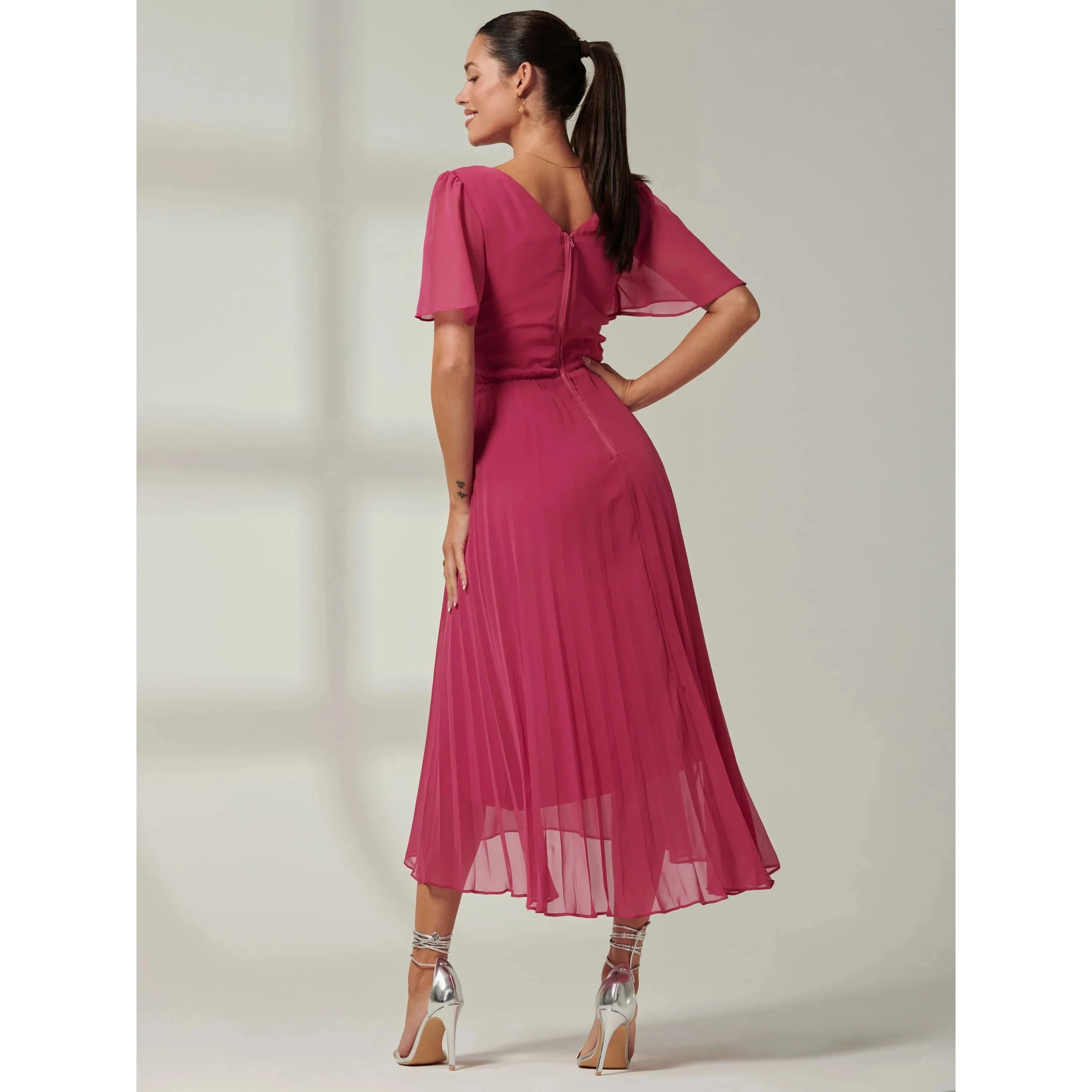 Jolie Moi Fuchsia Pleated Chiffon Dress With Angel Sleeves