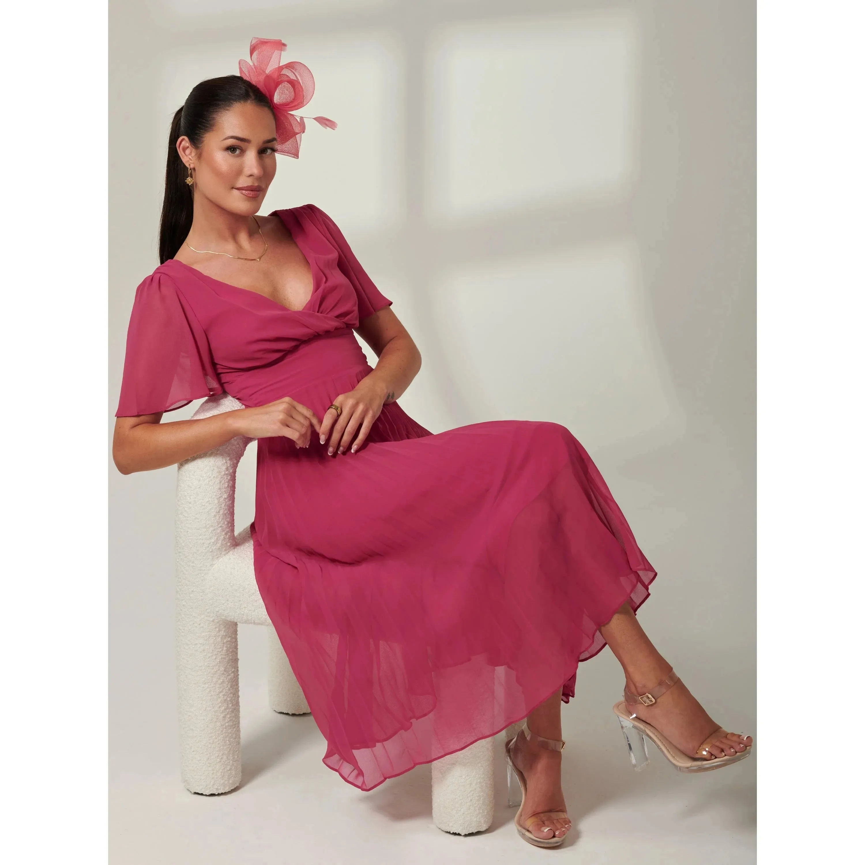 Jolie Moi Fuchsia Pleated Chiffon Dress With Angel Sleeves