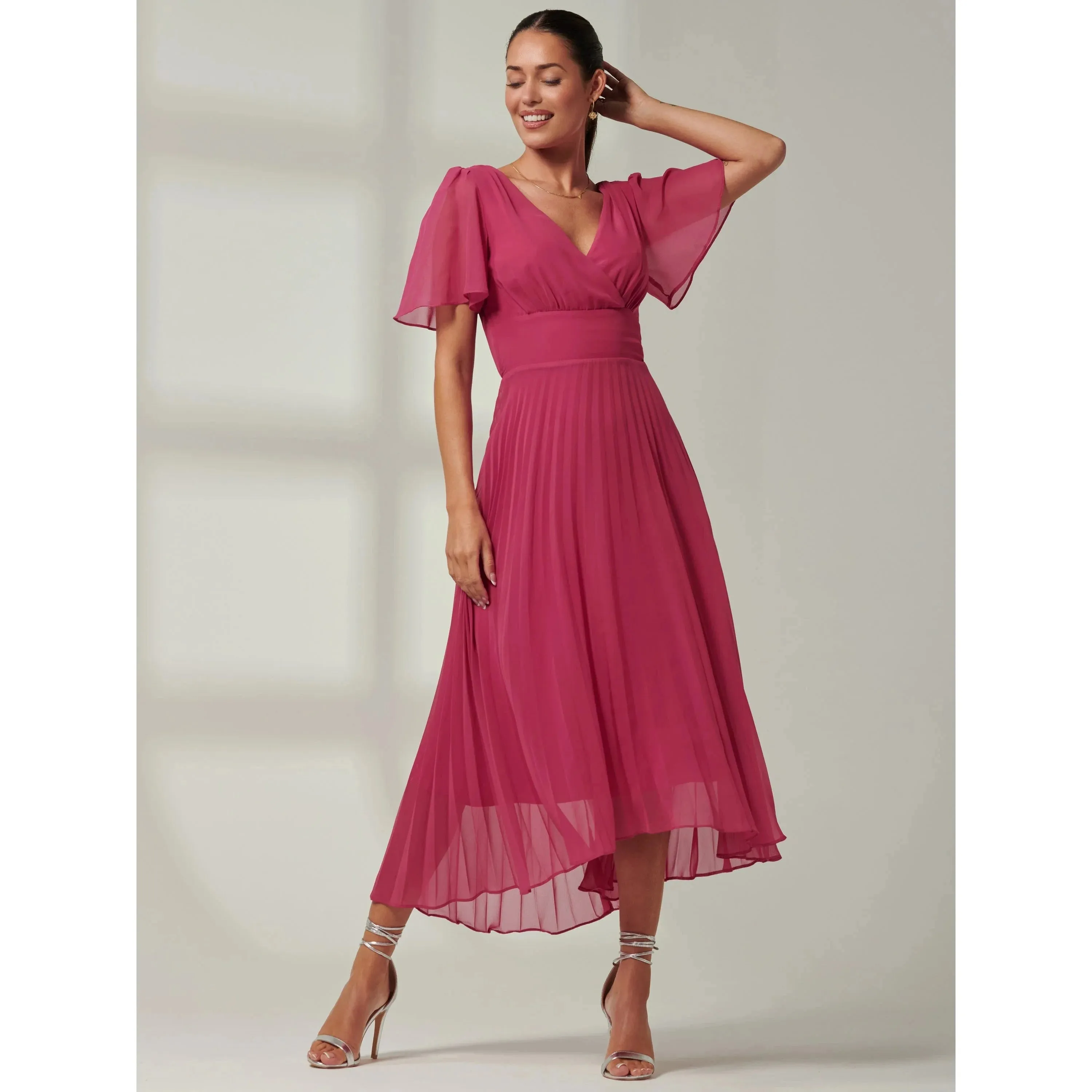 Jolie Moi Fuchsia Pleated Chiffon Dress With Angel Sleeves