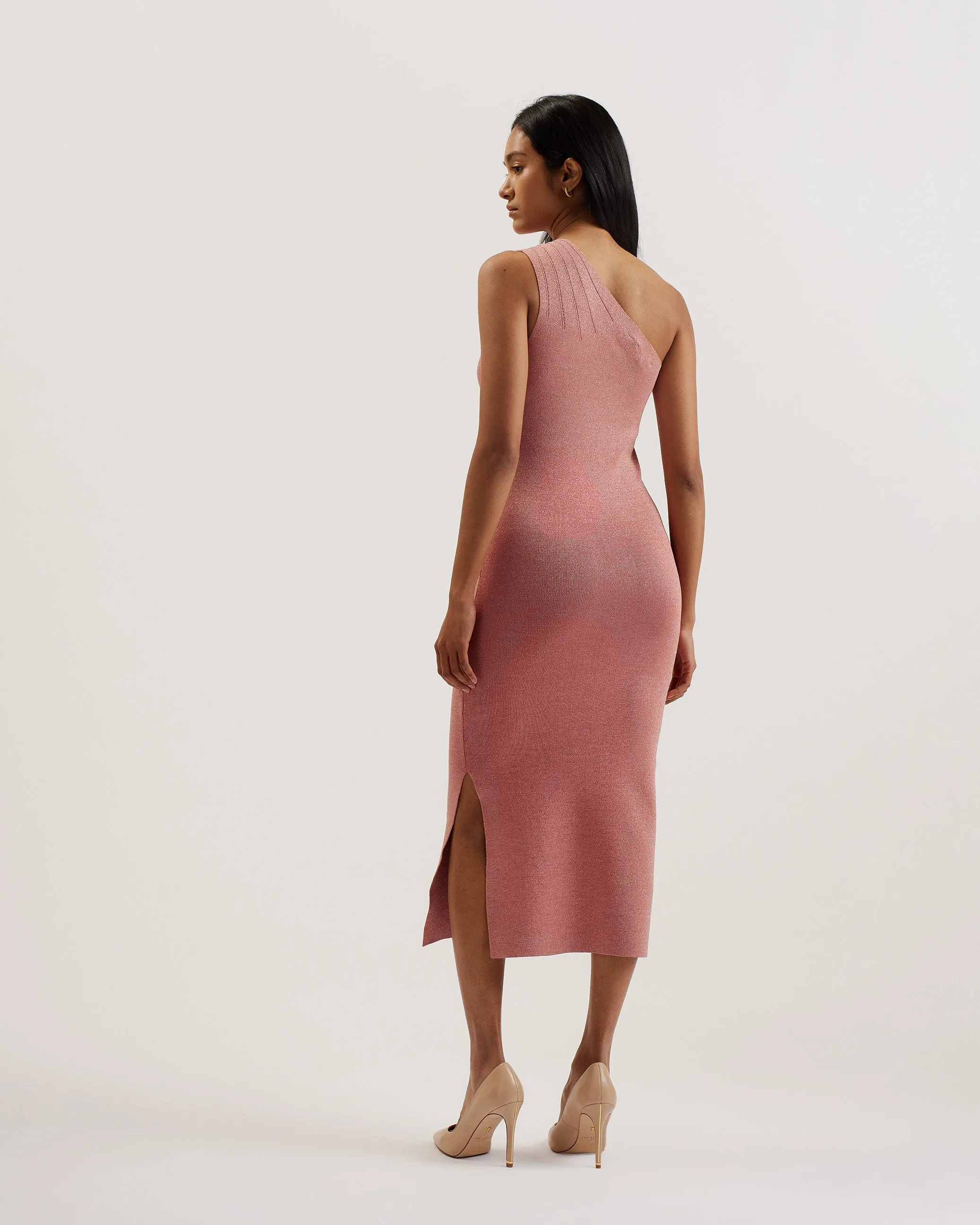 Kaleyy One Shoulder Lurex Knit Midi Dress Pl-Pink