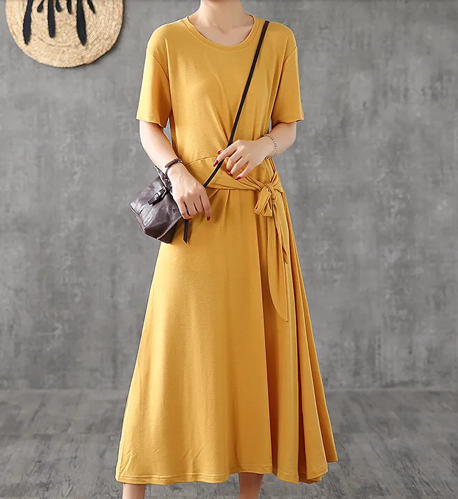 Knot Short Sleeve Summer Spring Cotton Women loose Dresses DZA20662