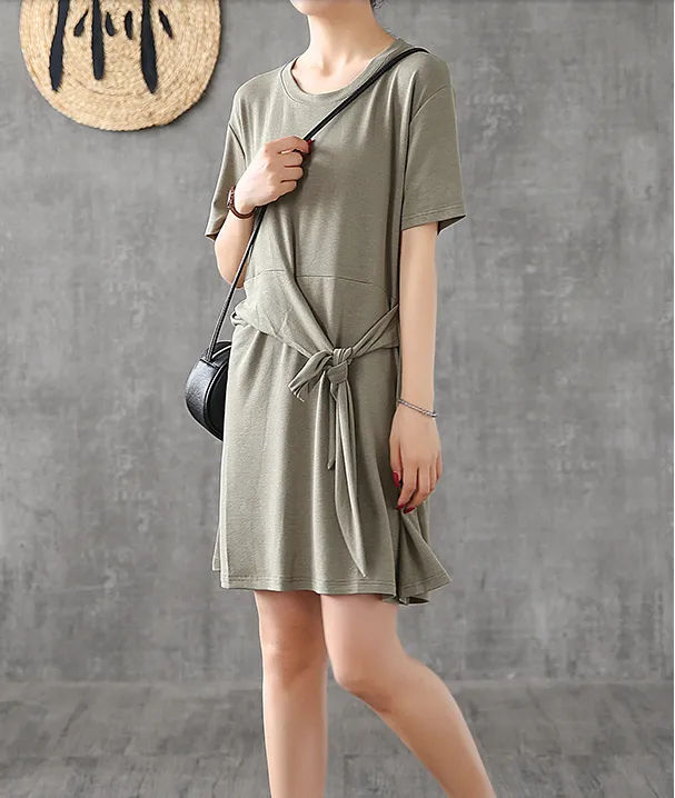 Knot Short Sleeve Summer Spring Cotton Women loose Dresses DZA20662