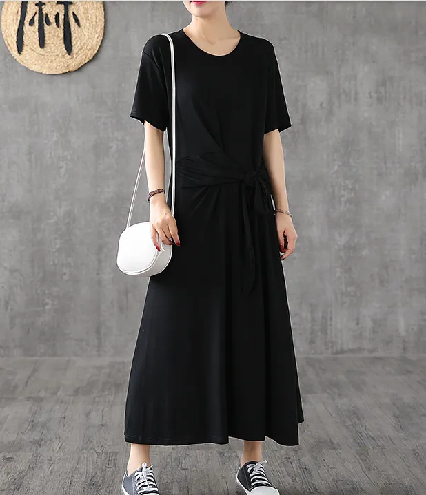 Knot Short Sleeve Summer Spring Cotton Women loose Dresses DZA20662