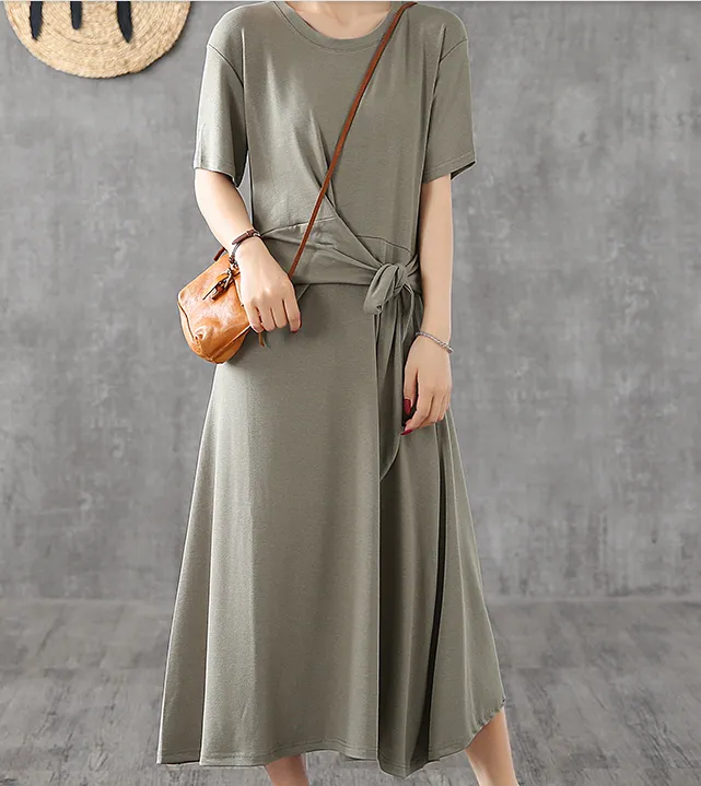 Knot Short Sleeve Summer Spring Cotton Women loose Dresses DZA20662