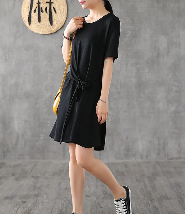 Knot Short Sleeve Summer Spring Cotton Women loose Dresses DZA20662