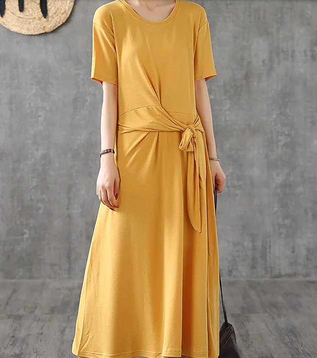 Knot Short Sleeve Summer Spring Cotton Women loose Dresses DZA20662