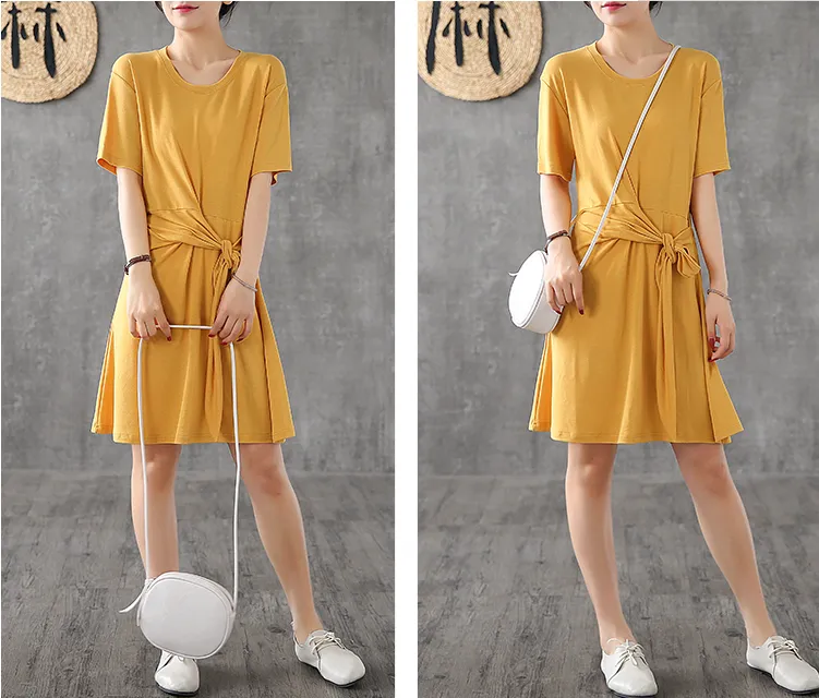 Knot Short Sleeve Summer Spring Cotton Women loose Dresses DZA20662