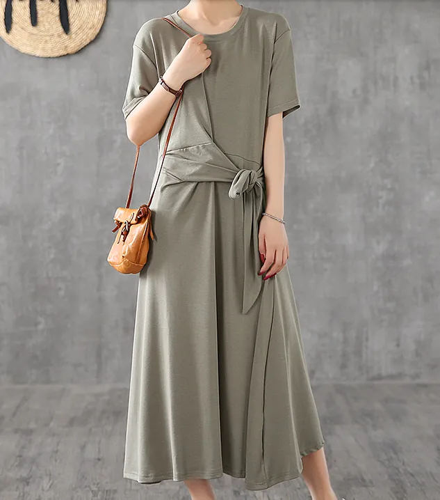 Knot Short Sleeve Summer Spring Cotton Women loose Dresses DZA20662