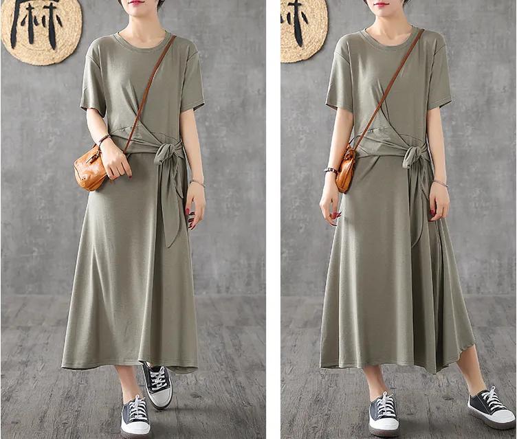 Knot Short Sleeve Summer Spring Cotton Women loose Dresses DZA20662