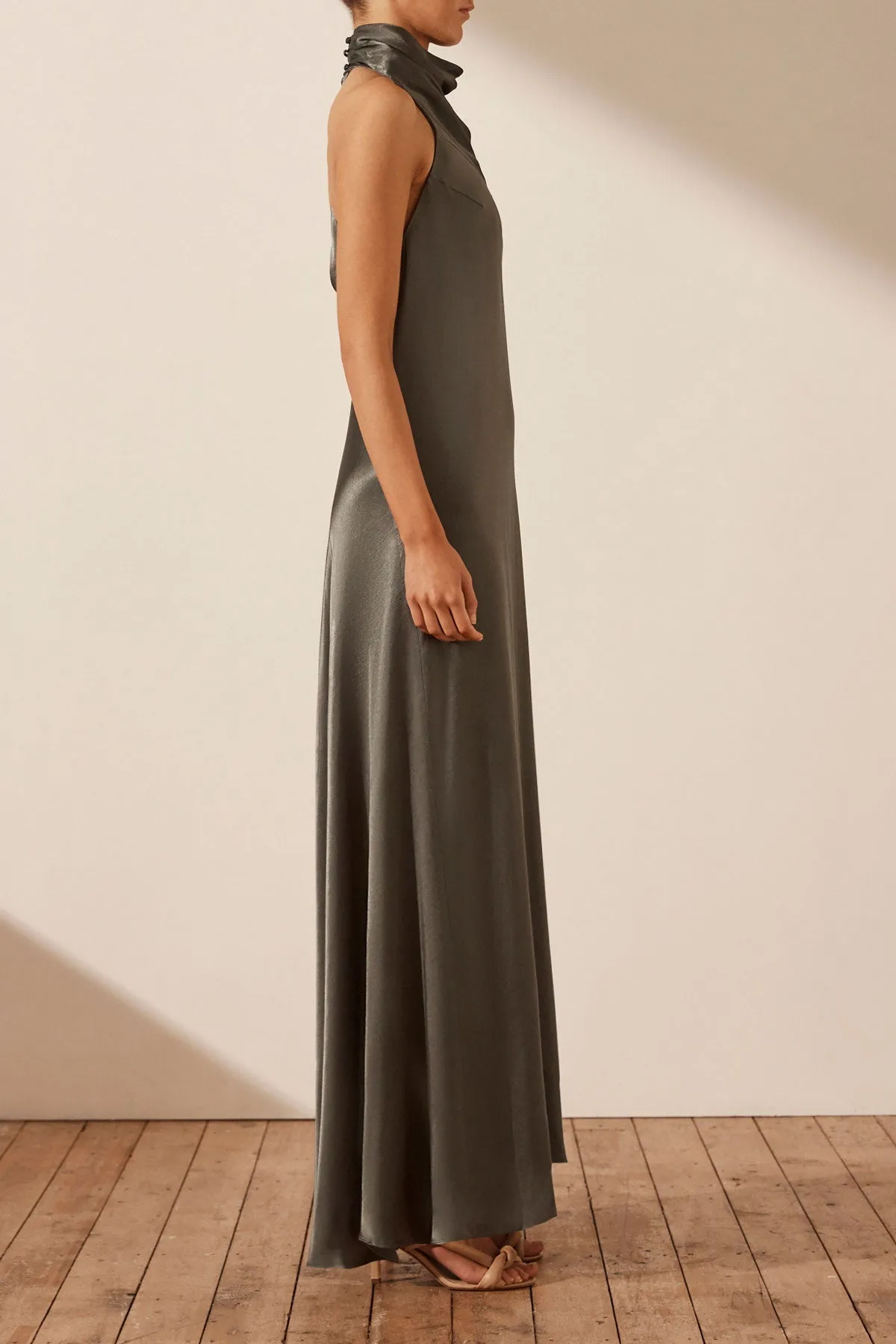 LA LUNE HIGH NECK COWL MAXI DRESS - OLIVE