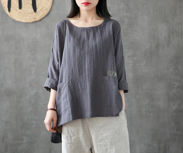 Length Sleeve Summer Women Casual Blouse Cotton Linen Shirts Tops DZA2007121