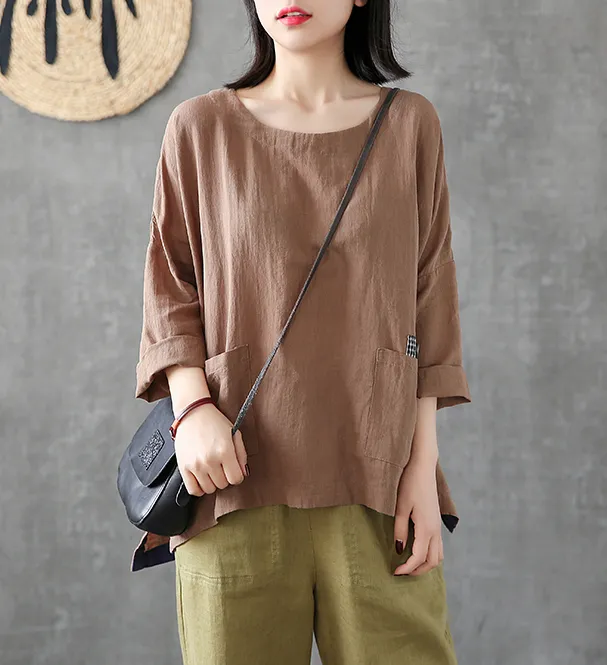 Length Sleeve Summer Women Casual Blouse Cotton Linen Shirts Tops DZA2007121