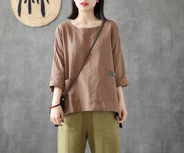 Length Sleeve Summer Women Casual Blouse Cotton Linen Shirts Tops DZA2007121