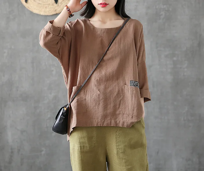 Length Sleeve Summer Women Casual Blouse Cotton Linen Shirts Tops DZA2007121