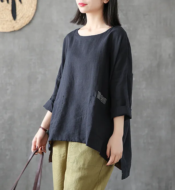 Length Sleeve Summer Women Casual Blouse Cotton Linen Shirts Tops DZA2007121