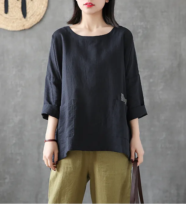 Length Sleeve Summer Women Casual Blouse Cotton Linen Shirts Tops DZA2007121