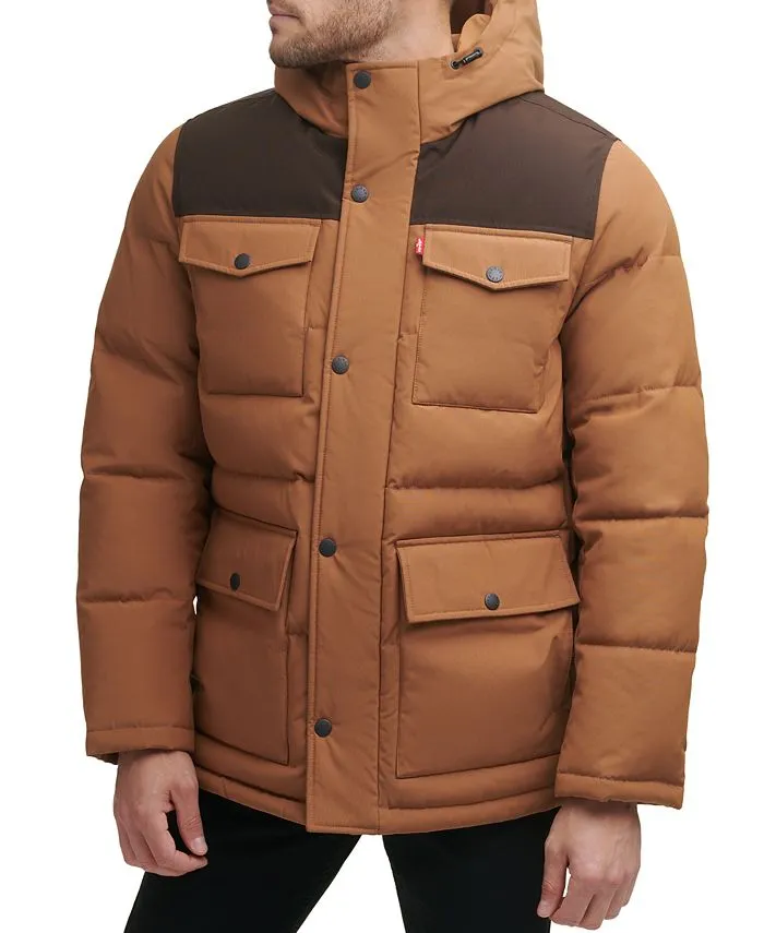 Levi's Men's Quilted Parka with Four Pockets and Hood, Brown