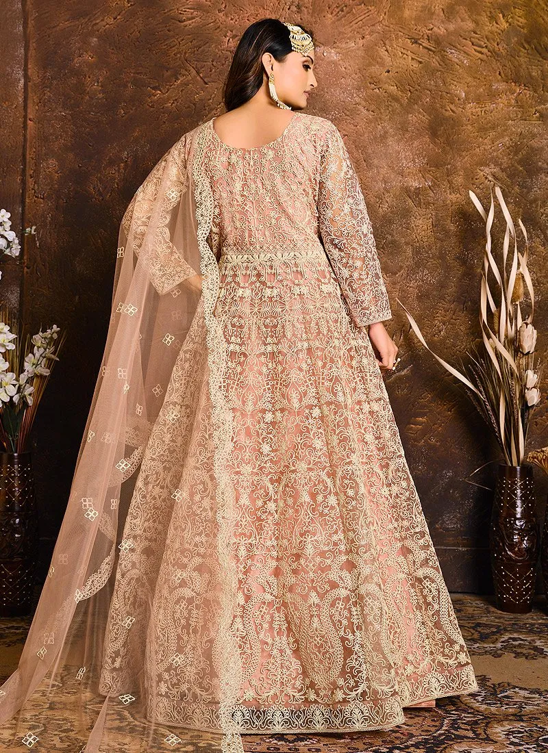 Light Peach Embroidered Net Bridal Anarkali Suit