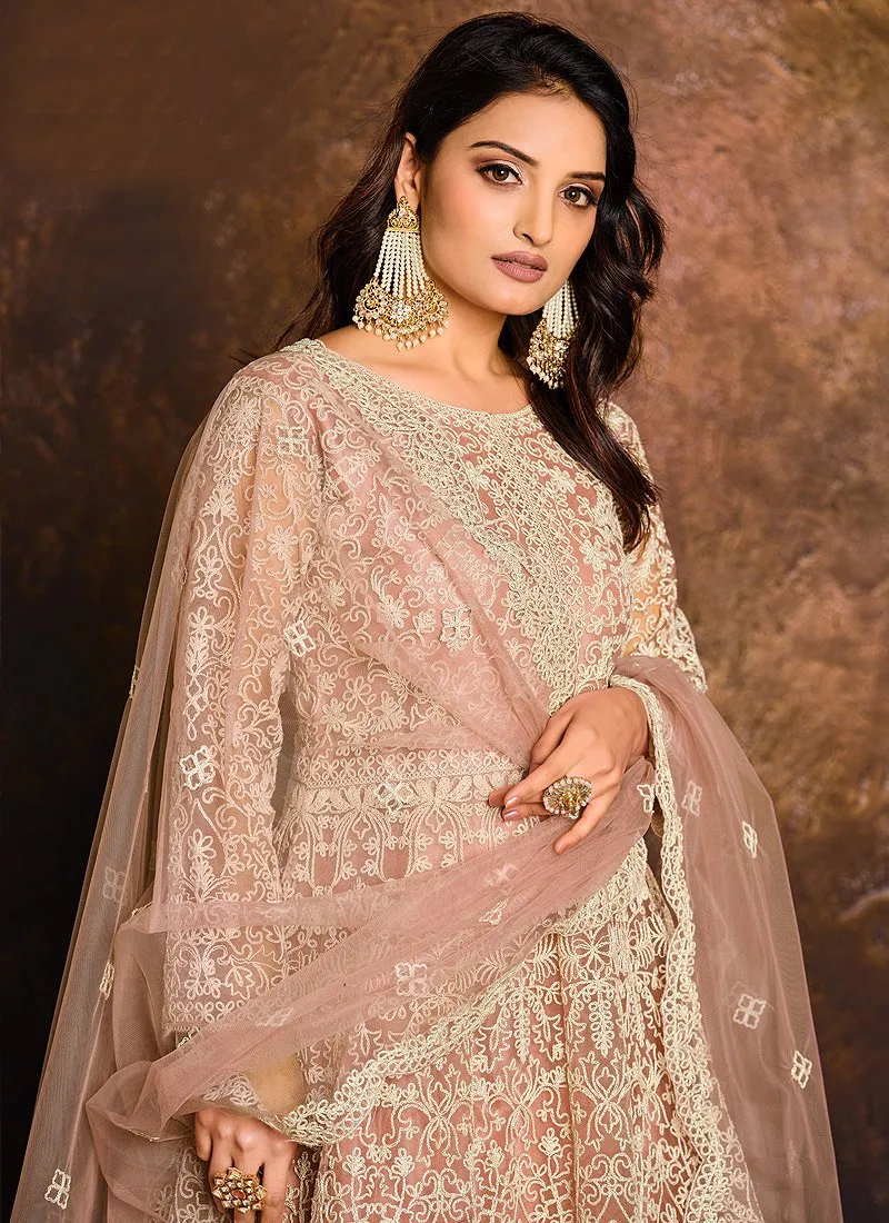 Light Peach Embroidered Net Bridal Anarkali Suit