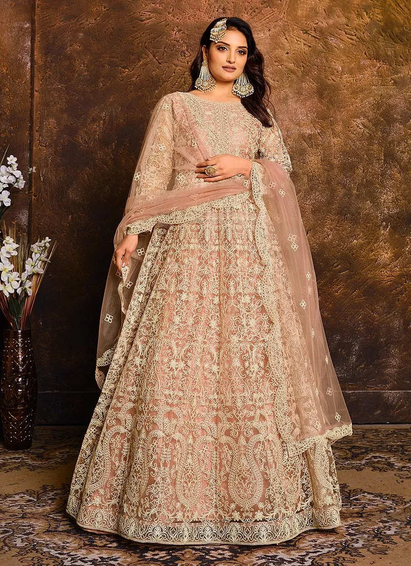 Light Peach Embroidered Net Bridal Anarkali Suit