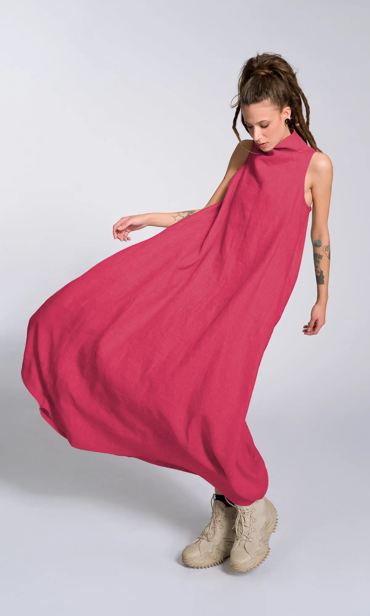 Linen High Neck Cocoon Dress