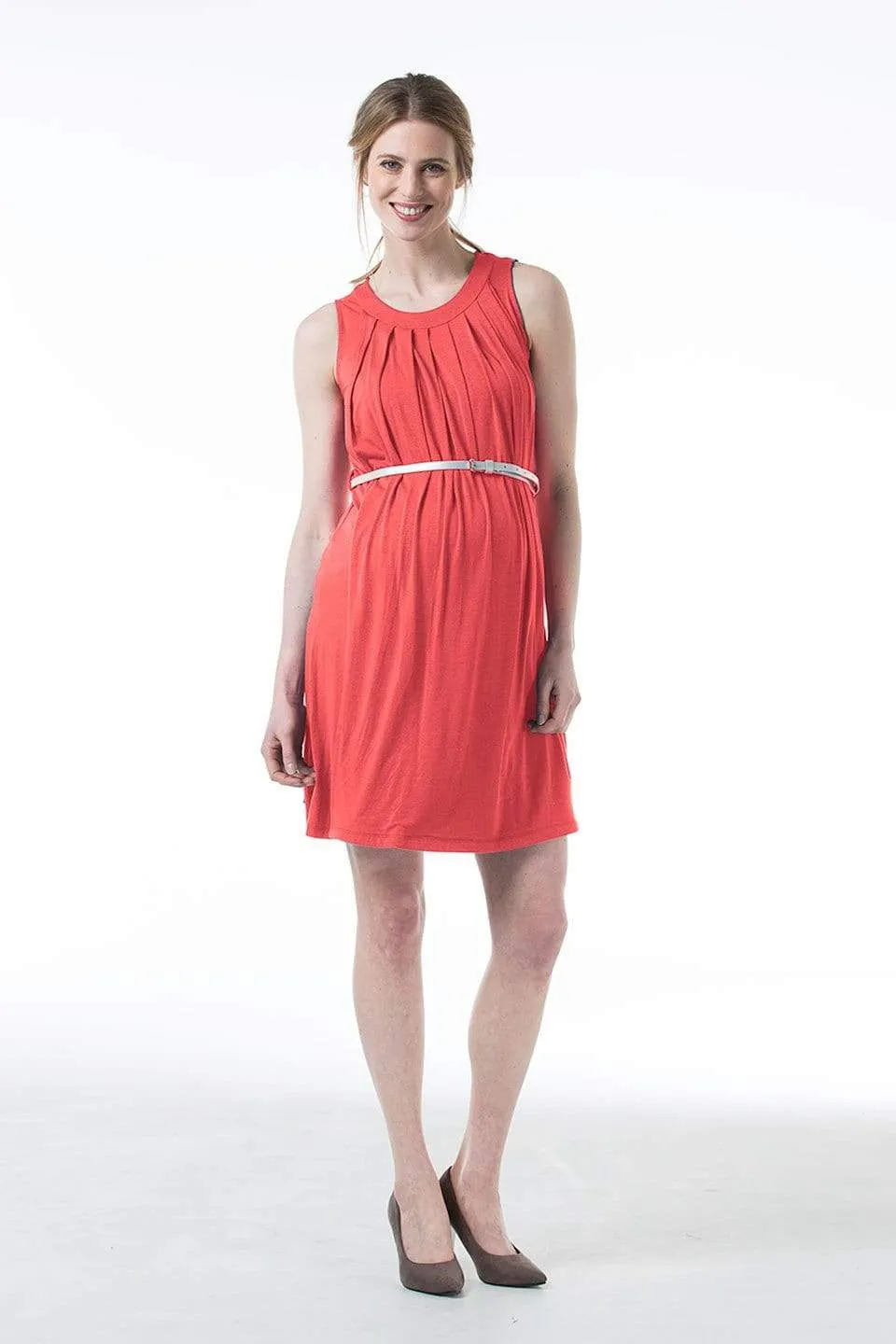 Live Pleat Bamboo Cotton Sleeveless Nursing Dress Coral