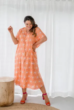 Long Kaftan Dress - Peach Flower