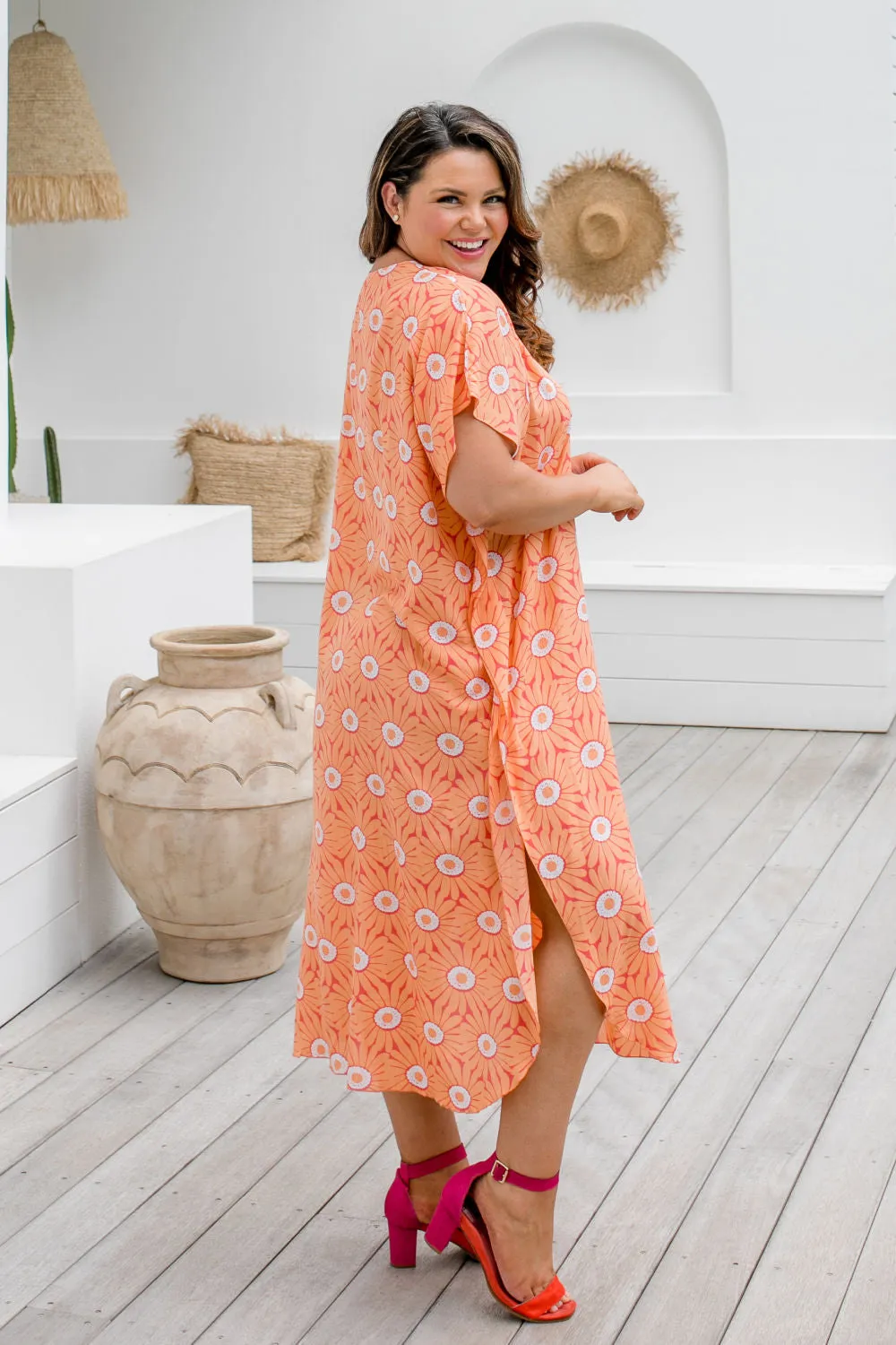 Long Kaftan Dress - Peach Flower