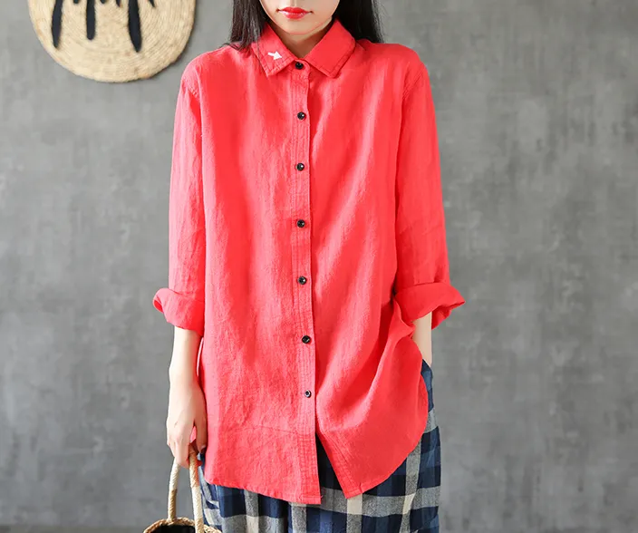 Long Sleeve Spring Summer Women Casual Blouse Cotton Linen Shirts  Women Tops DZA2005312