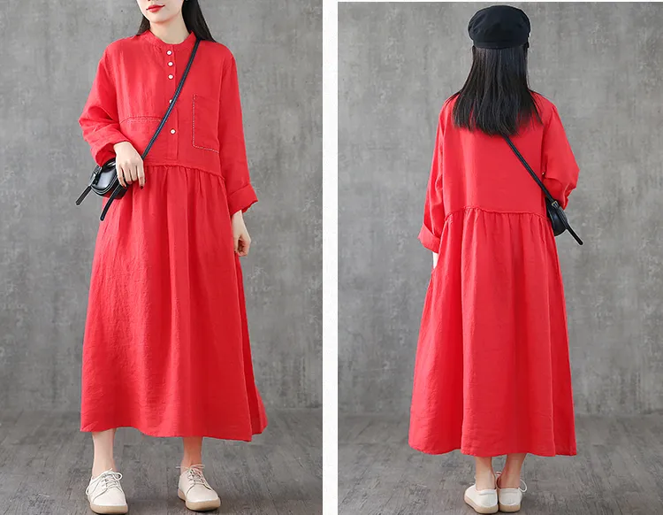 Long Sleeve Summer Spring Cotton Linen Women loose Dresses DZA2061