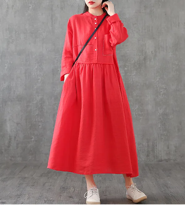 Long Sleeve Summer Spring Cotton Linen Women loose Dresses DZA2061