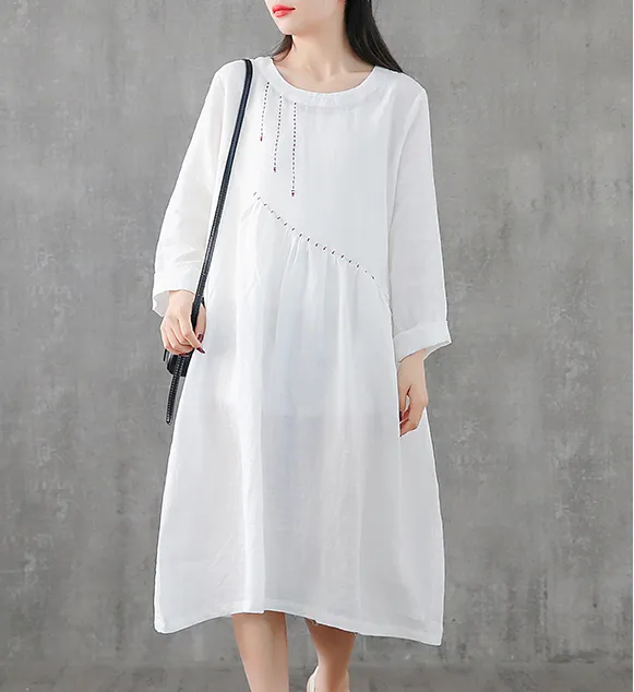 Long Sleeve Summer Spring Cotton Linen Women loose Dresses DZA20631