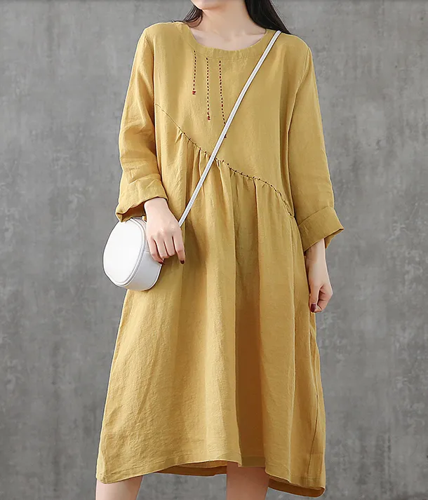 Long Sleeve Summer Spring Cotton Linen Women loose Dresses DZA20631