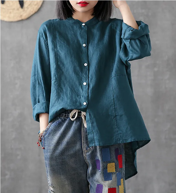 Long Sleeve Summer Women Casual Blouse Linen Shirts Tops DZA2006136