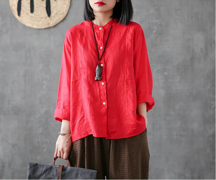 Long Sleeve Summer Women Casual Blouse Linen Shirts Tops DZA2006136